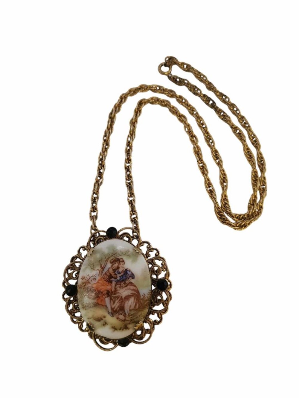 Vintage Transfer Fragonard Porcelain Pendant Necklace (A5756)